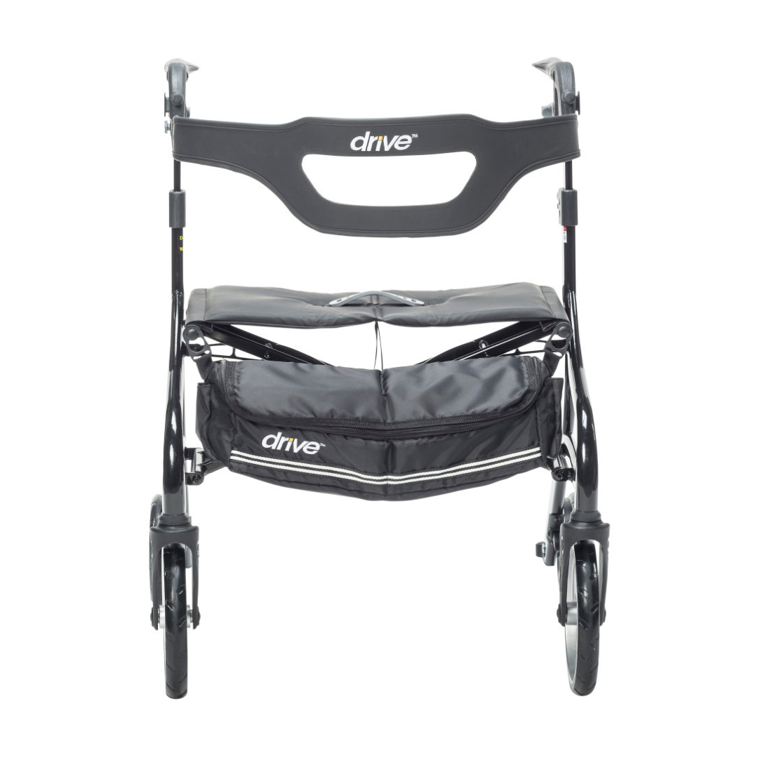Front view of the Drive Nitro® Sprint HD Bariatric Lightweight Rollator in black, featuring four wheels, a padded seat, storage pouch under the seat, and ergonomic handles.