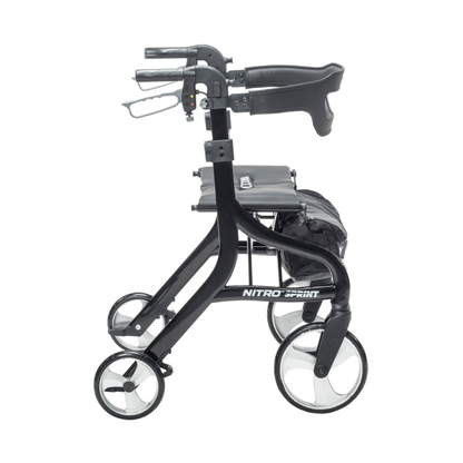 The Drive Nitro® Sprint HD Bariatric Lightweight Rollator, shown in black from the side, features four wheels, a seat, padded backrest, and a storage pouch.
