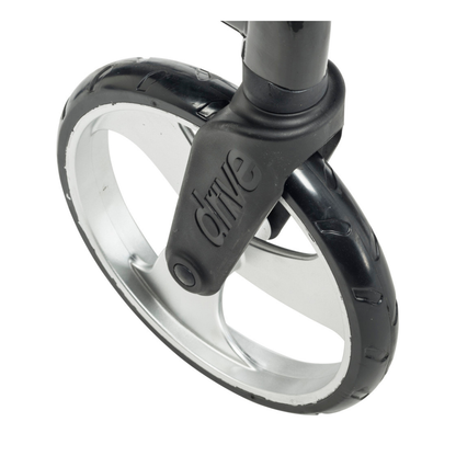 Close-up of a black and silver wheel on the Drive Nitro® Sprint HD Bariatric Lightweight Rollator, with “drive” embossed on the black plastic fork connecting the wheel.