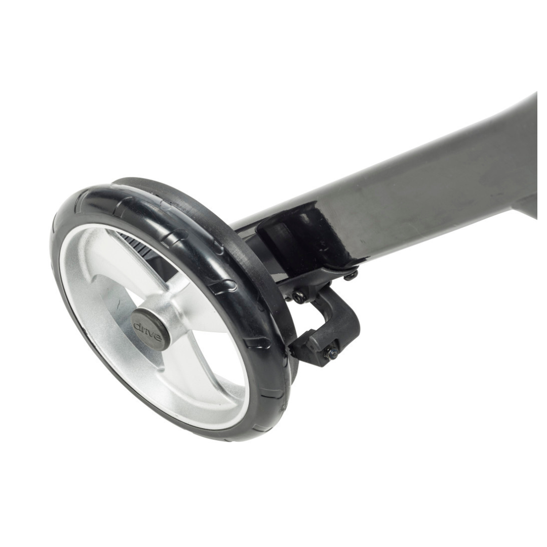 Close-up view of a black and silver caster wheel attached to the black metal frame of the Drive Nitro® Sprint HD Bariatric Lightweight Rollator.
