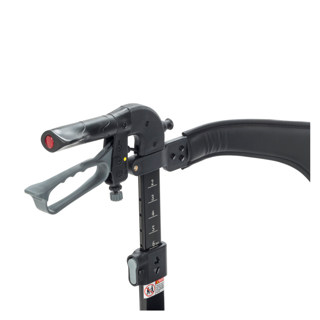 Close-up of the Drive Nitro® Sprint HD Bariatric Lightweight Rollator's adjustable black handle, featuring numbered height settings, a padded armrest, and a gray ergonomic handgrip with a red button.