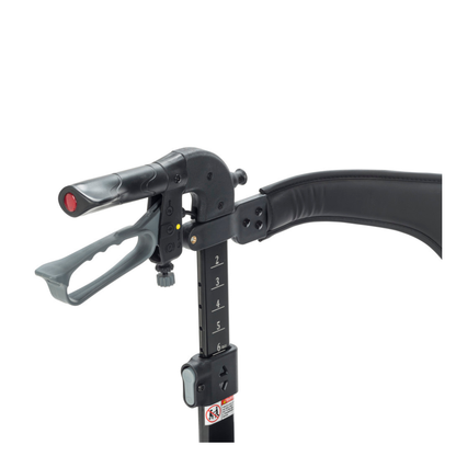 Close-up of the Drive Nitro® Sprint HD Bariatric Lightweight Rollator's adjustable black handle, featuring numbered height settings, a padded armrest, and a gray ergonomic handgrip with a red button.