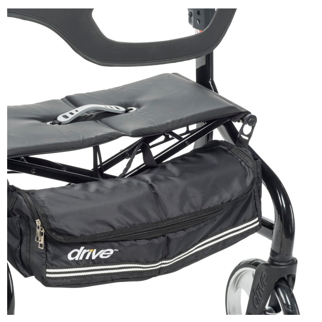 Close-up of the Drive Nitro® Sprint HD Bariatric Lightweight Rollator in black, featuring a padded seat, zippered storage pouch, and part of a wheel at the bottom right.