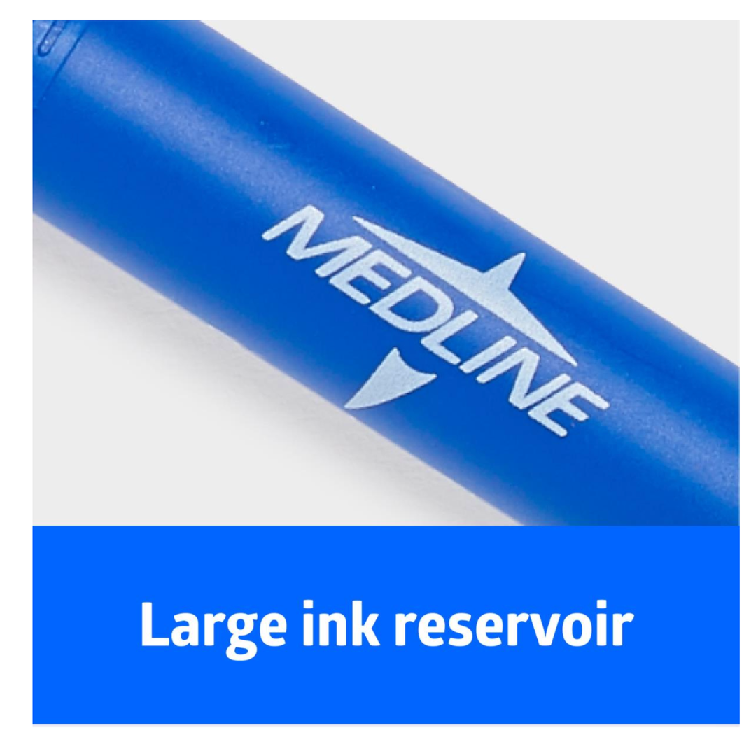 Close-up of a blue Medline Nonsterile Mini Skin Marker featuring the MEDLINE label and white star logo. Below, a blue box reads "Large ink reservoir" in white letters.