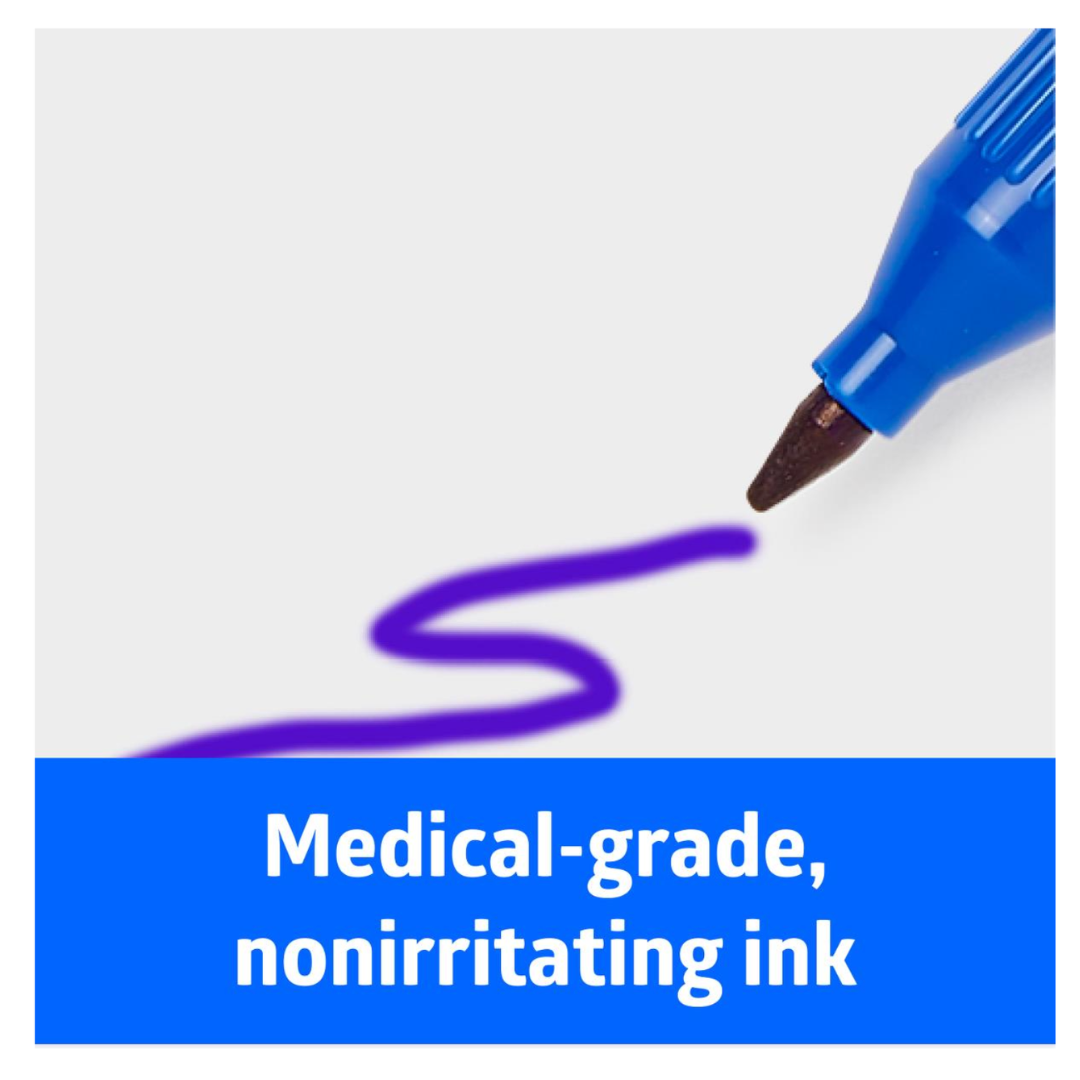 A close-up of the Medline Nonsterile Mini Skin Marker drawing a purple line, with text below that reads, Medical-grade, nonirritating ink.