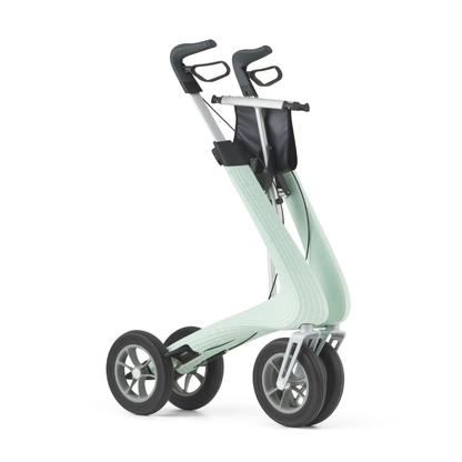 The byACRE Nordic Pioneer Lightweight Folding Rollator (just 13 lbs) features a minimalist mint-green curved frame, two large rear wheels, two smaller front wheels, black handles, and a compact black storage pouch.