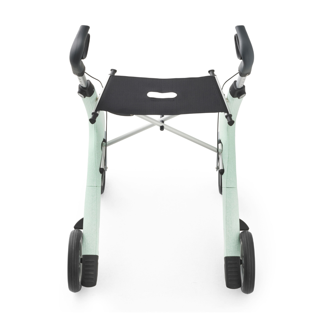 The byACRE Nordic Pioneer Lightweight Folding Rollator (only 13 lbs) is a four-wheeled mobility aid with a black mesh seat, black handles, and sturdy wheels, shown from the front on a white background.