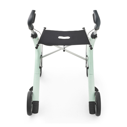 The byACRE Nordic Pioneer Lightweight Folding Rollator (only 13 lbs) is a four-wheeled mobility aid with a black mesh seat, black handles, and sturdy wheels, shown from the front on a white background.