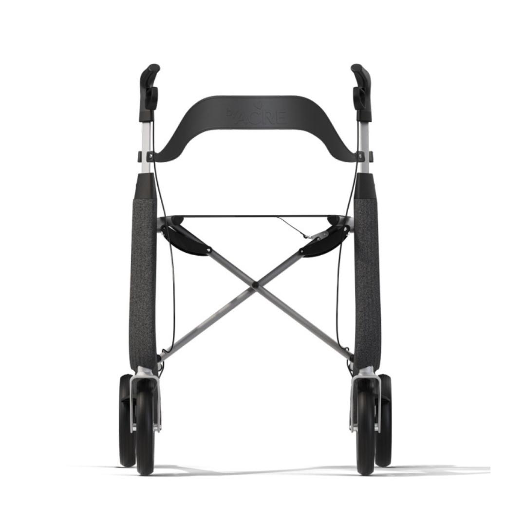 Weighing just 13 lbs, the byACRE Nordic Pioneer Lightweight Folding Rollator features a gray frame, large black wheels, and black handles, shown from the front on a white background.