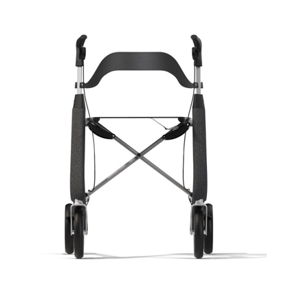 Weighing just 13 lbs, the byACRE Nordic Pioneer Lightweight Folding Rollator features a gray frame, large black wheels, and black handles, shown from the front on a white background.