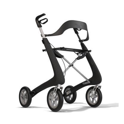 The byACRE Nordic Pioneer Lightweight Folding Rollator (only 13 lbs) features a sleek black and silver design, four large wheels, ergonomic handles, and a curved support bar for enhanced mobility and stability.