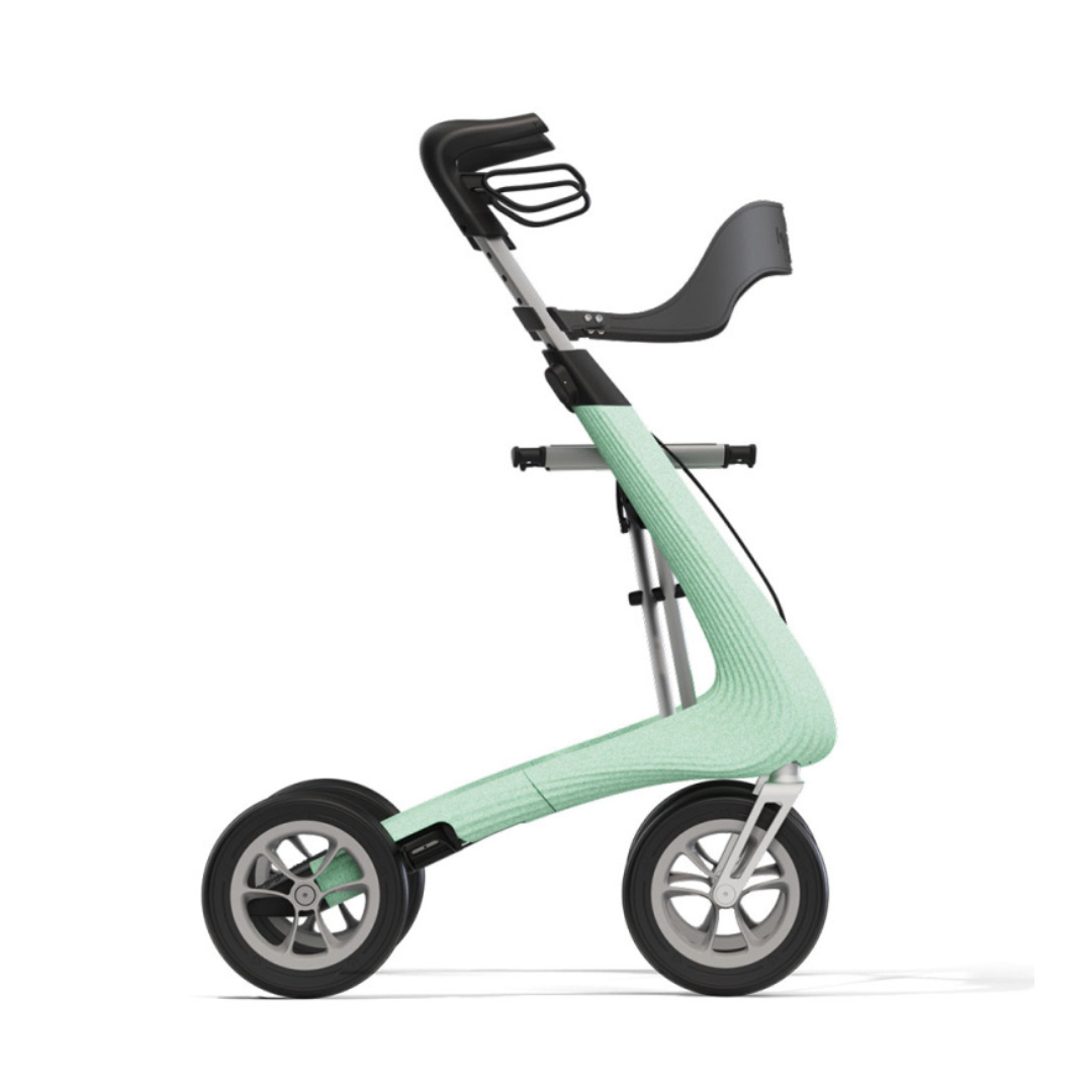 The byACRE Nordic Pioneer Lightweight Folding Rollator weighs only 13 lbs and features a mint green curved frame, two large front wheels, a smaller back wheel, and an ergonomic black handle and seat in a modern, minimalist design.