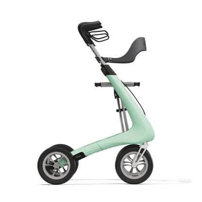 The byACRE Nordic Pioneer Lightweight Folding Rollator weighs only 13 lbs and features a mint green curved frame, two large front wheels, a smaller back wheel, and an ergonomic black handle and seat in a modern, minimalist design.