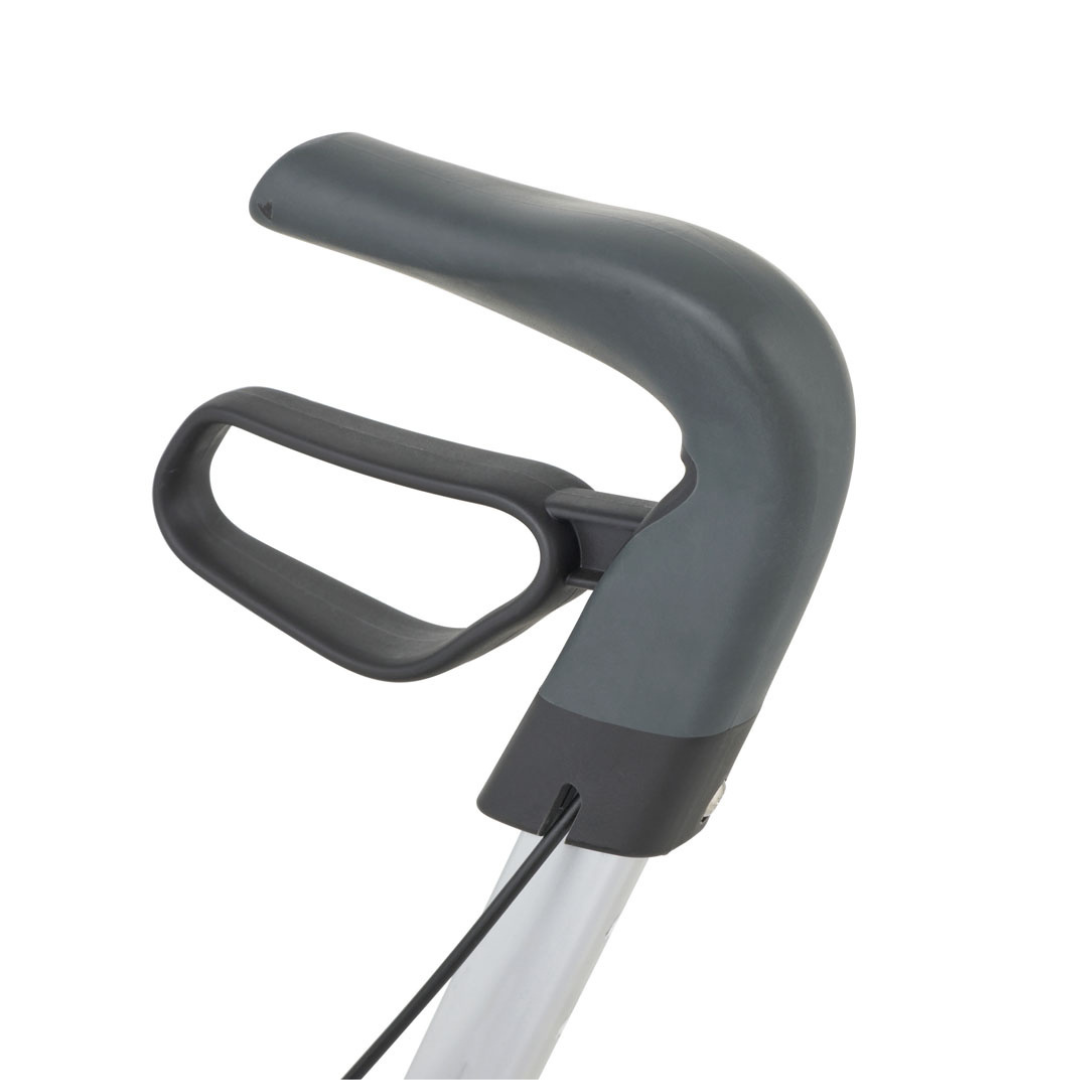 Close-up of a grey ergonomic handle with looped grip and lever, attached to a metal pole—part of the byACRE Nordic Pioneer Lightweight Folding Rollator, which weighs only 13 lbs.