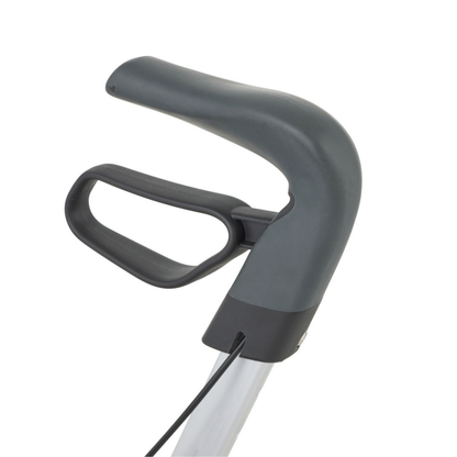 Close-up of a grey ergonomic handle with looped grip and lever, attached to a metal pole—part of the byACRE Nordic Pioneer Lightweight Folding Rollator, which weighs only 13 lbs.