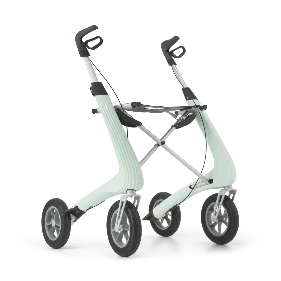 The byACRE Nordic Pioneer Lightweight Folding Rollator—just 13 lbs—features four large wheels, ergonomic handles, and a minimalist design in light green and silver for stylish everyday mobility.
