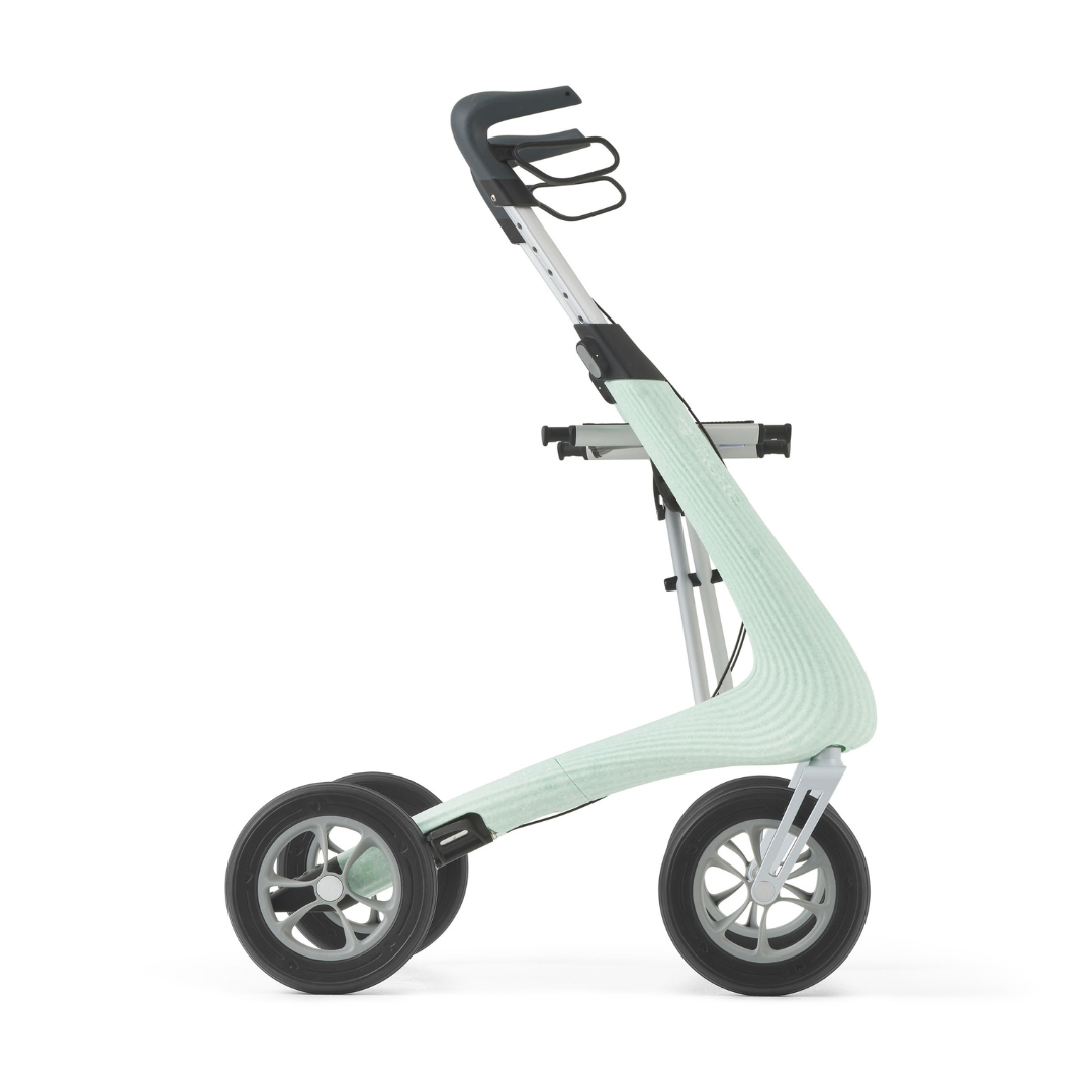 A modern, lightweight byACRE Nordic Pioneer Lightweight Folding Rollator (only 13 lbs) with a curved frame, large black and silver wheels, and a handlebar with drink holder is shown in side view against a white background.