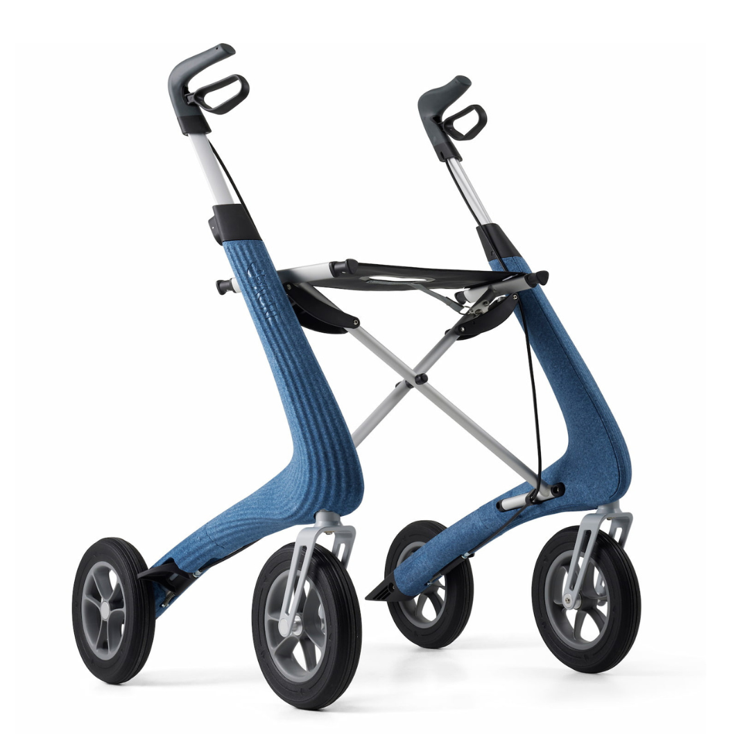 Blue byACRE Nordic Pioneer Lightweight Folding Rollator - Open Box featuring a fold-down seat, four wheels, and adjustable handle height.