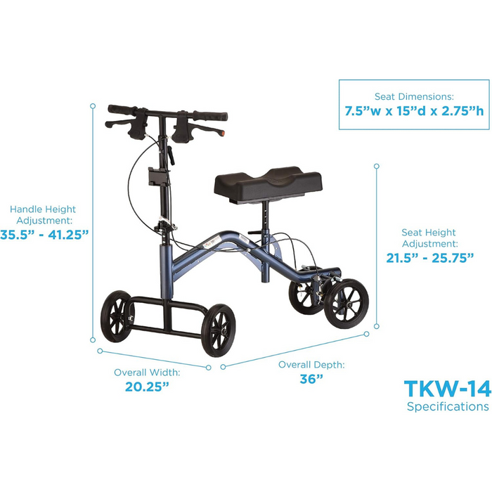 The TKW-14 Nova Medical Turning Folding Knee Walker, in blue, offers non-weight-bearing support with four wheels. It features handle height adjustment from 35.5 to 41.25, seat height adjustment from 21.5 to 25.75, and overall dimensions of 36 depth by 20.25 width.
.