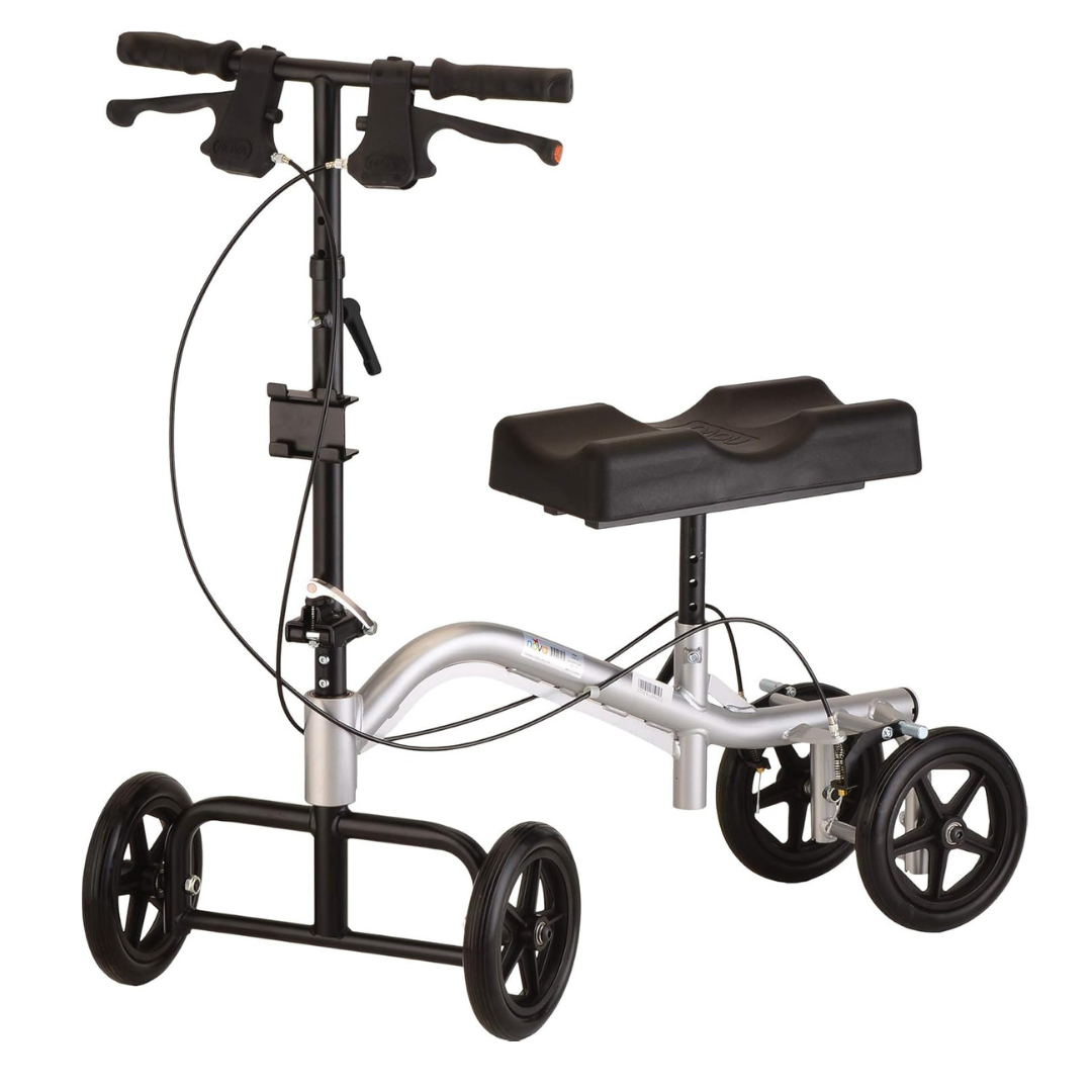 The Nova Medical Turning Folding Knee Walker offers exceptional mobility with its sturdy metal frame, padded seat, and four wheels for non-weight-bearing support. It features height-adjustable handlebars with brakes, making it perfect for resting a leg.