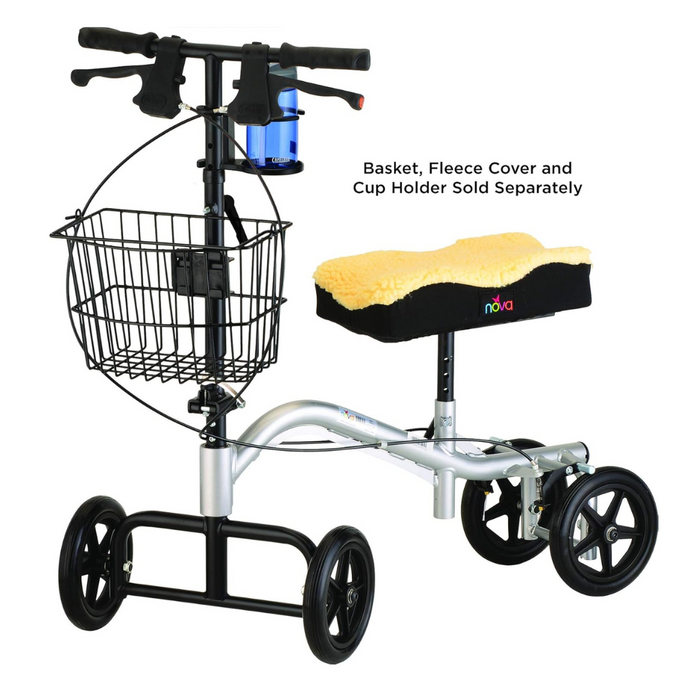 The Nova Medical Turning Folding Knee Walker, ideal for non-weight-bearing support, has four wheels and a height-adjustable frame. A black metal basket, fleece-covered knee pad, and cup holder are available separately.