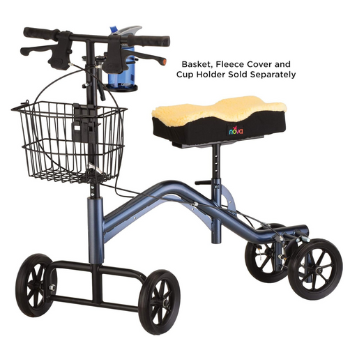 The Nova Medical Turning Folding Knee Walker offers non-weight-bearing support with a cushioned knee pad and four-wheel stability. It includes a blue frame, black basket, and cup holder attached to the handlebars. Text reads: Basket, Fleece Cover, and Cup Holder Sold Separately.