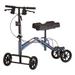 The Nova Medical Turning Folding Knee Walker offers non-weight-bearing support with four wheels, adjustable handlebars, a padded knee rest, and a metallic blue and black finish. It includes hand brakes for optimal steering and control.