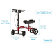 The Nova Medical Turning Folding Knee Walker, Model: TKW-13, features a red frame, black seat, and four wheels. Ideal for non-weight-bearing support with handle height (31.5-37.75), seat height (17-22), overall dimensions 19w x 32.25d, and seat size 7.5w x 15d x 2.75h.