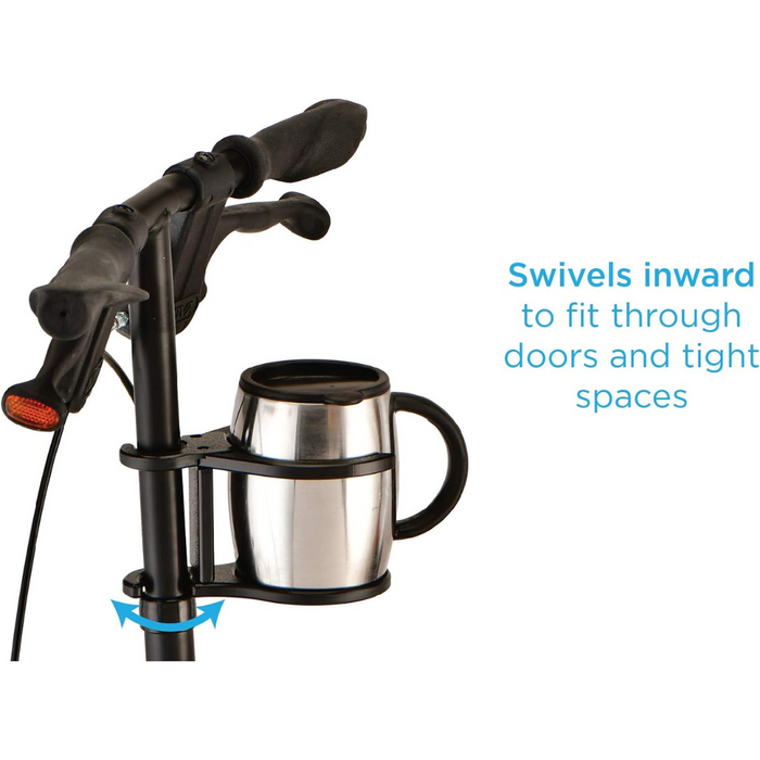 The Nova Medical Cup Holder Accessory for Knee Walker swivels inward to fit through doors and tight spaces