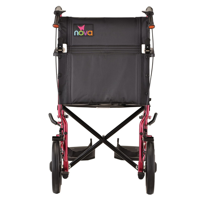 Rear view of the Nova Medical 330 Lightweight Transport Chair, featuring a durable pink aluminum frame. The chair includes XL rear wheels, a black seat and backrest, foldable footrests, comfortable hand grips, and a vibrant logo with "nova" in colorful letters on the backrest.