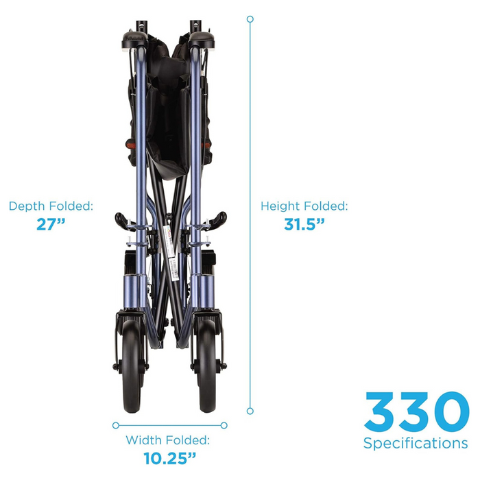 Image of a folded Nova Medical 330 Lightweight Transport Chair with dimensions: Depth - 27 inches, Height - 31.5 inches, Width - 10.25 inches. It features a blue aluminum frame, black wheels, and convenient hand brakes, displayed from the front view. Specifications labeled as model number 330.