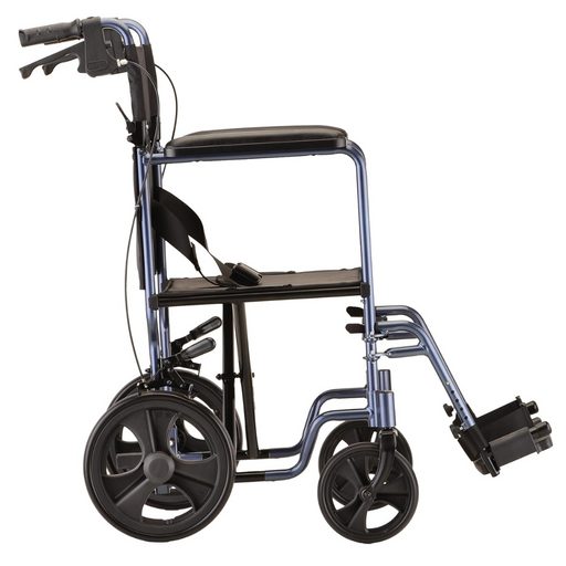 The Nova Medical 330 Lightweight Transport Chair is a compact and lightweight mobility solution, featuring a durable blue aluminum frame and a comfortable black seat. Equipped with four solid wheels, including XL rear wheels for enhanced support, this chair also has hand brakes on the handles and a footrest. Its streamlined design ensures easy maneuverability and convenient storage.