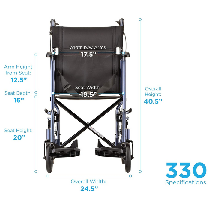 Image of a Nova Medical 330 Lightweight Transport Chair with an aluminum frame featuring the following dimensions: width between arms 17.5 inches, seat width 19.5 inches, arm height from seat 12.5 inches, seat depth 16 inches, seat height 20 inches, overall width 24.5 inches, and overall height 40.5 inches. The chair comes equipped with hand brakes for safety and sports XL rear wheels for enhanced mobility.