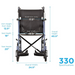 Image of a Nova Medical 330 Lightweight Transport Chair with an aluminum frame featuring the following dimensions: width between arms 17.5 inches, seat width 19.5 inches, arm height from seat 12.5 inches, seat depth 16 inches, seat height 20 inches, overall width 24.5 inches, and overall height 40.5 inches. The chair comes equipped with hand brakes for safety and sports XL rear wheels for enhanced mobility.