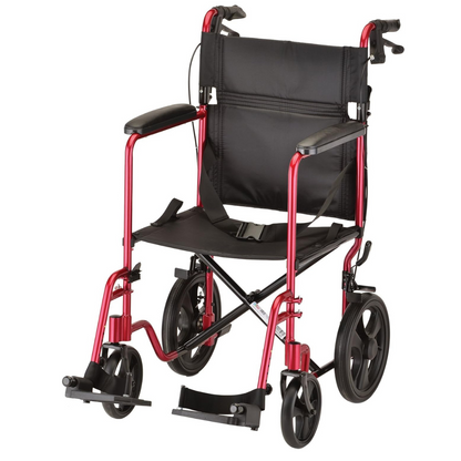 The Nova Medical 330 Lightweight Transport Chair features a durable aluminum frame and includes a black seat, armrests, and hand brakes. It's designed with XL rear wheels and smaller front wheels for easy maneuverability, along with footrests and handlebars for convenient pushing from behind.