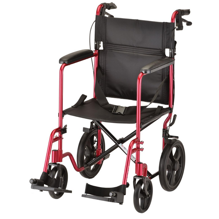 The Nova Medical 330 Lightweight Transport Chair features a durable aluminum frame and includes a black seat, armrests, and hand brakes. It's designed with XL rear wheels and smaller front wheels for easy maneuverability, along with footrests and handlebars for convenient pushing from behind.