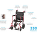 An image of a Nova Medical 330 Lightweight Transport Chair with XL Rear Wheels showcases labeled features such as hand grips, hand brakes, a fold-down back, full-length arms, an adjustable seat belt, rugged wheels, removable foot plates, non-skid pedals, and a foldable aluminum frame ideal for travel.