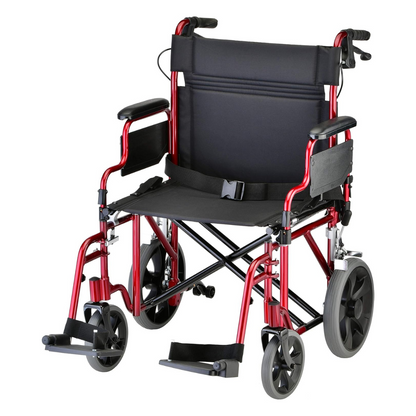 The Nova Medical 332 HD Bariatric Transport Chair features a red frame, black padded extra wide seat, armrests, footrests, and large 12 rear wheels—ideal for easy travel and storage.