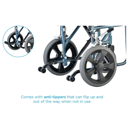 Close-up of the Nova Medical 332 HD Bariatric Transport Chair’s rear wheels with anti-tippers, detailed in an inset. Text: Comes with flip-up anti-tippers that stay out of the way when not needed.