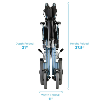 The Nova Medical HD Bariatric Transport Chair with 12 wheels and extra wide seat is shown folded, measuring 31 deep, 37.5 high, and 11 wide. Its lightweight aluminum frame allows for easy transport and storage.