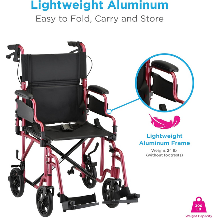 Nova Medical Lightweight Aluminum Folding Transport Chair Red 350R