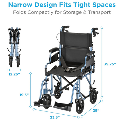 The Nova Medical 350 Lightweight Aluminum Folding Transport Chair is shown open and folded in blue and black. It features hand brakes, flip-up desk arms, folds to 29H x 12.25W, and measures 39.75H x 29L x 23.5W with a seat height of 19.5.