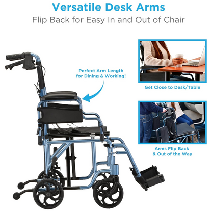 The Nova Medical 350 Lightweight Aluminum Folding Transport Chair in blue has flip-back desk arms for easy transfers and hand brakes for safety. Insets show the chair at a desk, by a table, and with arms flipped back.