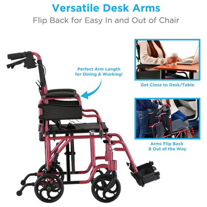 The Nova Medical 350 Lightweight Aluminum Folding Transport Chair, shown in red near a desk and car, features flip-up desk arms. Insets highlight a user at a table and another flipping the armrest back for easy transfers.