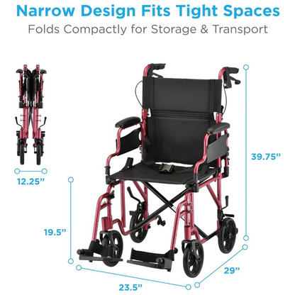 The Nova Medical 350 Lightweight Aluminum Folding Transport Chair, with hand brakes and flip-up desk arms, features a black seat, red frame, and compact design. Shown open and folded. Dimensions: 39.75H x 29L x 23.5W; seat height 19.5; folded width 12.25.
