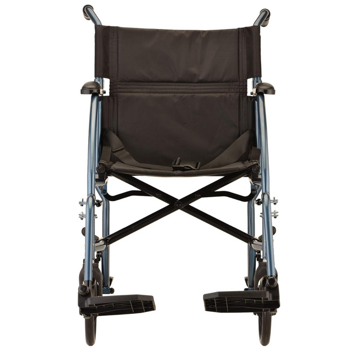 Front view of the Nova Medical Ultra Lightweight Folding Transport Chair in black and blue, featuring footrests for mobility assistance. This chair is designed with a simple, lightweight frame for easy transport, ideal for on-the-go use.