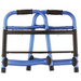 The Nova Medical Folding Walker Bundle, featuring 5" wheels and a mobility bag, is in a folded position. This adjustable height walker in blue and black includes padded handles and a sturdy frame, offering two levels of support bars for mobility assistance. It also has glide skis for smooth movement.