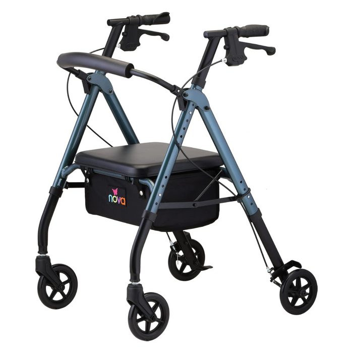 The Nova Medical Star 6 OS Rollator Walker is a blue and black lightweight, foldable rolling walker equipped with four wheels for smooth mobility. It features NOVA's innovative locking hand brakes for enhanced safety and includes a comfortable padded seat with a convenient storage compartment underneath. Designed with the Quick-Fit adjustable mechanism, it suits users ranging from 5'1" to 6'2", making it ideal for mobility assistance. For added assurance, it comes with a lifetime warranty.