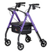 The Nova Medical Star 6 OS Rollator Walker in purple, accented with black, is designed with four wheels and ergonomic handlebars. It features NOVA's patented locking hand brakes for enhanced safety. The cushioned seat and a storage compartment below offer added convenience, with the brand logo prominently displayed on the storage bag.