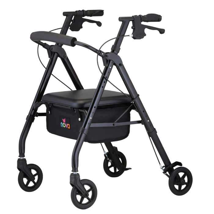 Introducing the Nova Medical Star 6 OS Rollator Walker, a lightweight and foldable mobility aid designed for users with heights ranging from 5'1" to 6'2". This black walker features four wheels, a cushioned seat, and a backrest for comfort. It includes NOVA's patented locking hand brakes for enhanced safety, along with handles equipped with brakes. Additionally, it comes with a storage bag adorned with a colorful logo on the front. Enjoy peace of mind thanks to its lifetime warranty.